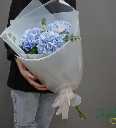 Bouquet of 3 blue hydrangeas and eucalyptus photo 394x433